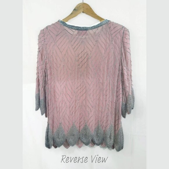 Fantasy by Lisa Kane, Silver-Beaded, Pink Pure Silk Chiffon Dress, Size 14-16 - Picture 6 of 14